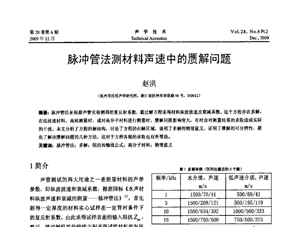 脉冲管法测材料声速中的赝解问题 - 2009年浙苏黑鲁津四省一市声学学术会议