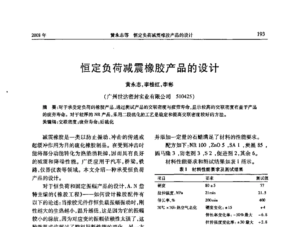 恒定负荷减震橡胶产品的设计 - 二〇〇八年橡胶(密封)新技术交流暨信息发布会