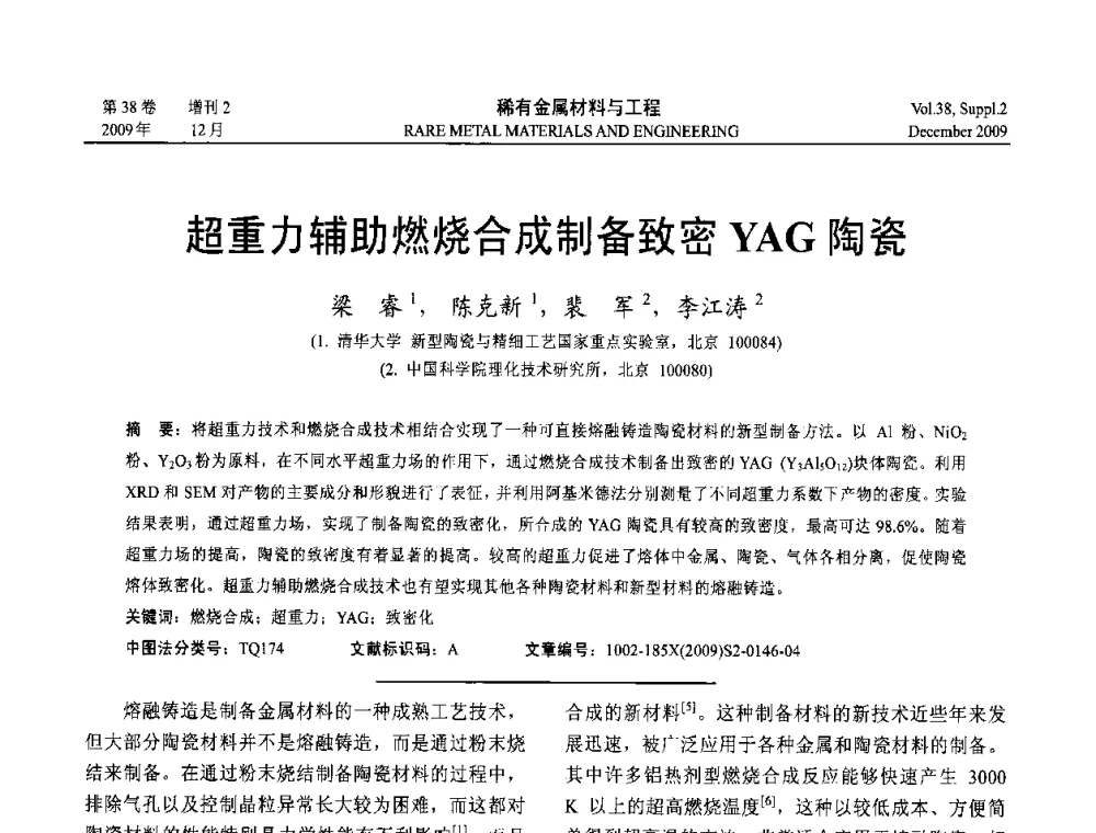 超重力辅助燃烧合成制备致密YAG陶瓷 - 第十五届全国高技术陶瓷学术年会