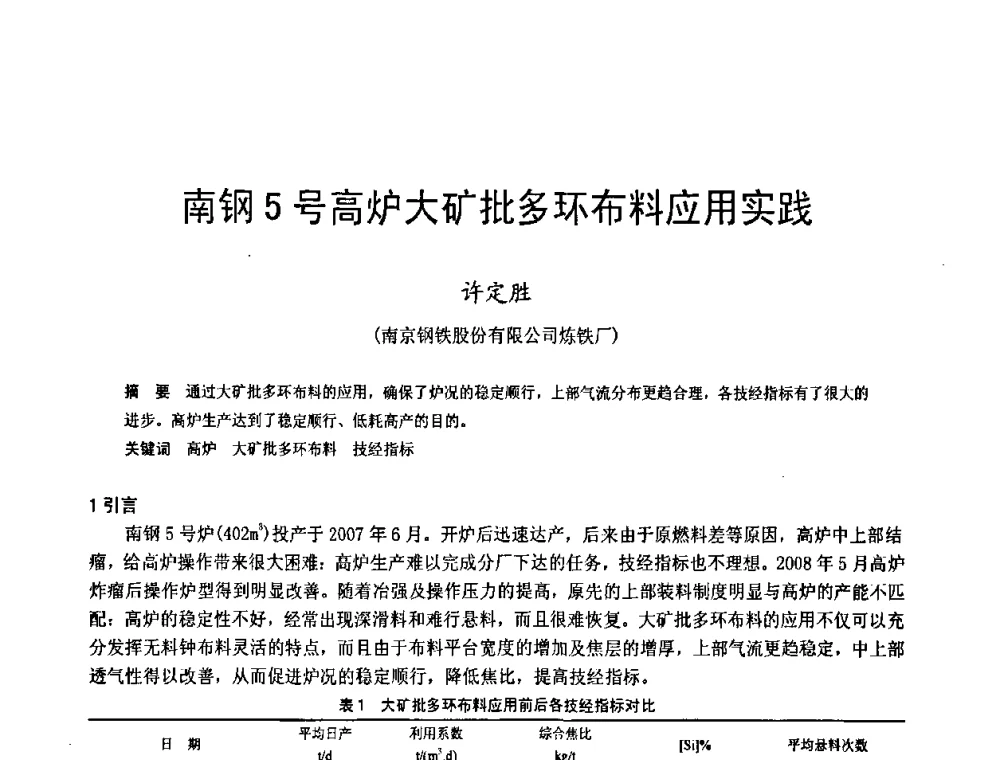 南钢5号高炉大矿批多环布料应用实践 - 2009年中小高炉炼铁学术年会