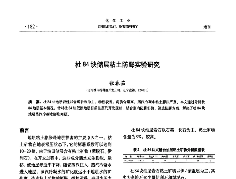 杜84块储层粘土防膨实验研究 - 第六届中国油田钻井化学品开发应用研讨会