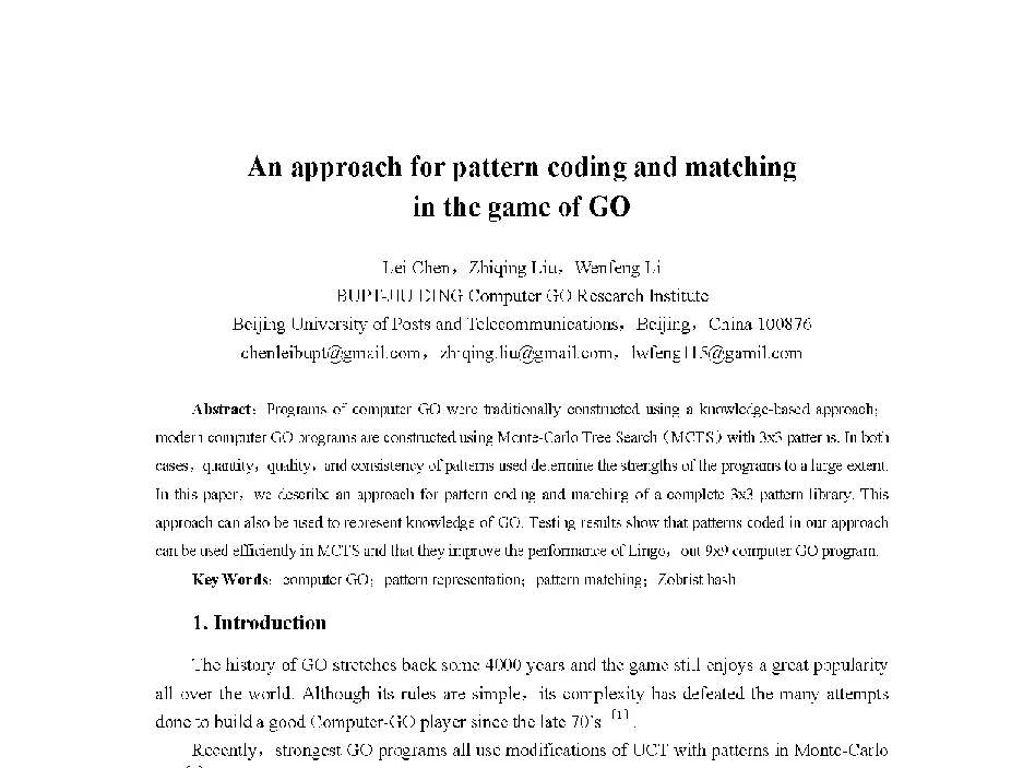 An approach for pattern coding and matching in the game of GO - 中国人工智能学会第十三届学术年会
