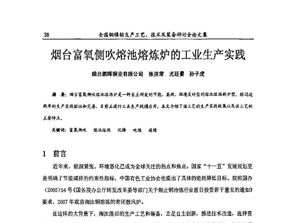 烟台富氧侧吹熔池熔炼炉的工业生产实践 - 全国铜镍钴生产工艺、技术及装备研讨会