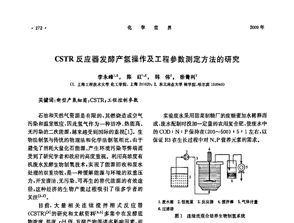 CSTR反应器发酵产氢操作及工程参数测定方法的研究 - 上海市化学化工学会2009年度学术年会