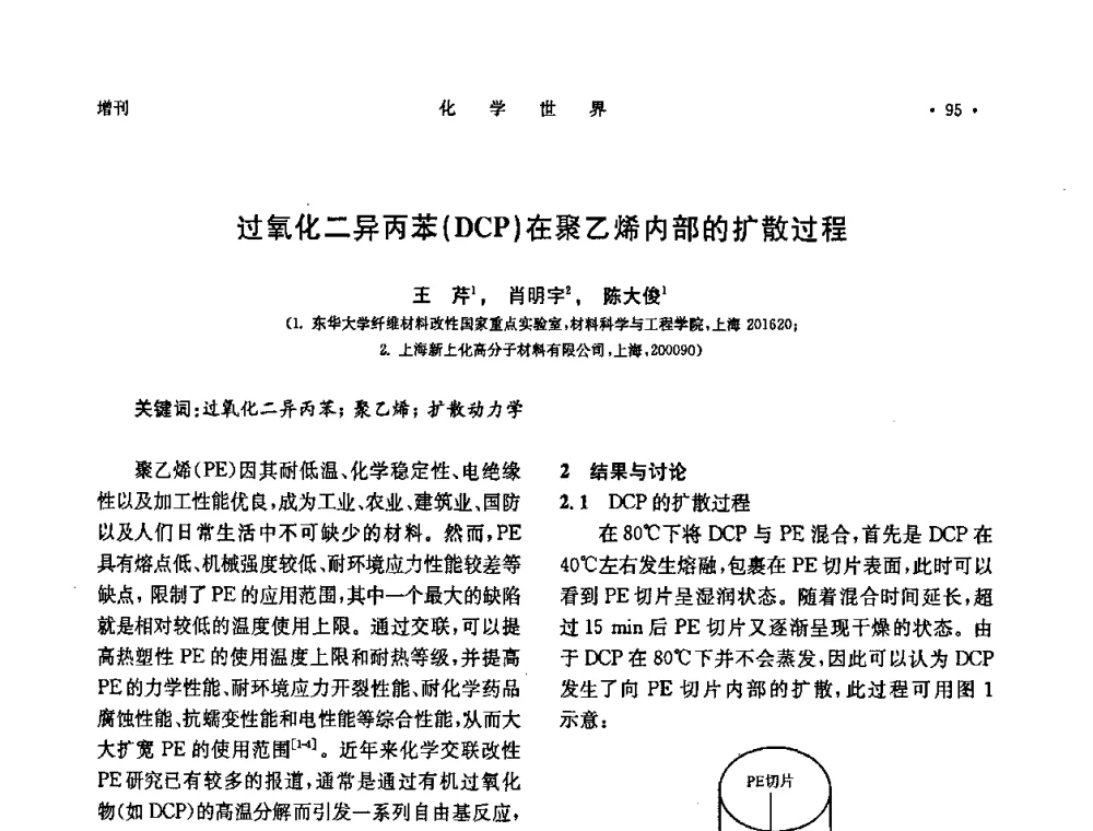 过氧化二异丙苯(DCP)在聚乙烯内部的扩散过程 - 上海市化学化工学会2008年度学术年会