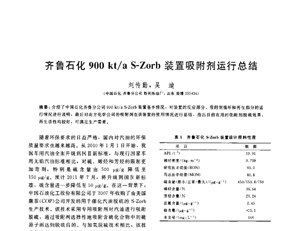 齐鲁石化900 kt_a S-Zorb装置吸附剂运行总结 - 中国石油学会第六届石油炼制学术年会