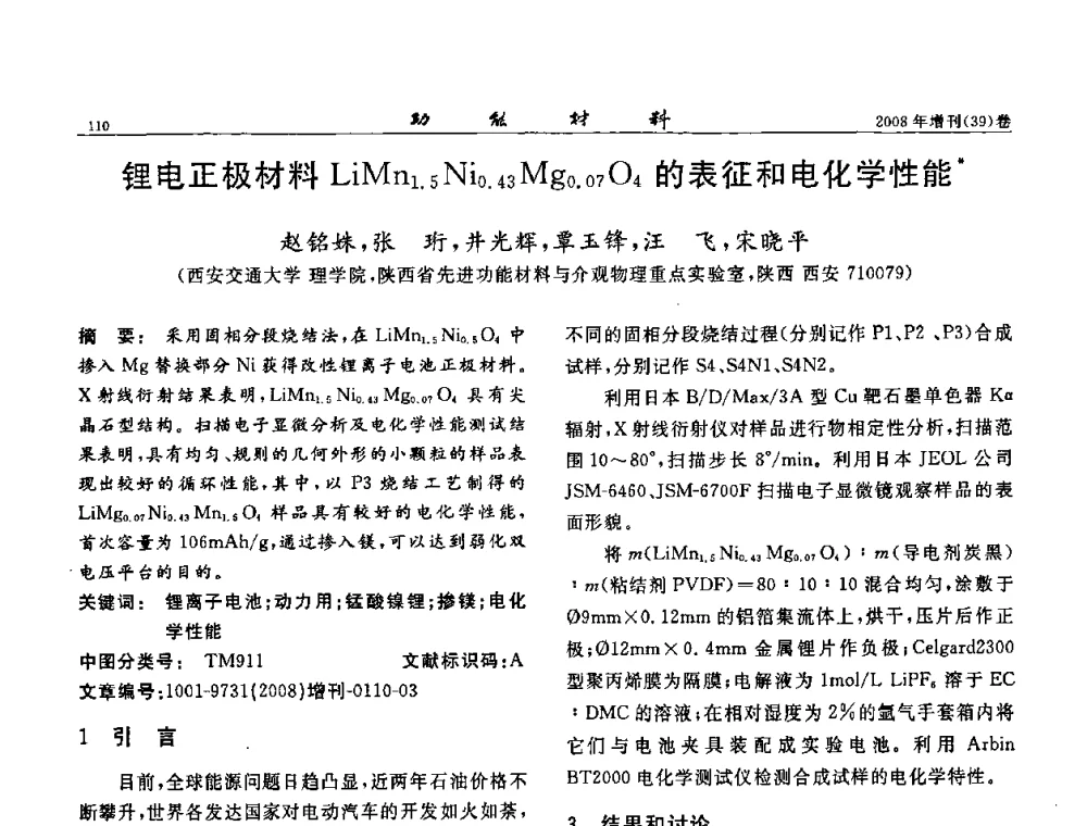 锂电正极材料LiMn1.5Ni0.43Mg0.07O4的表征和电化学性能 - 二〇〇八全国功能材料科技与产业高层论坛