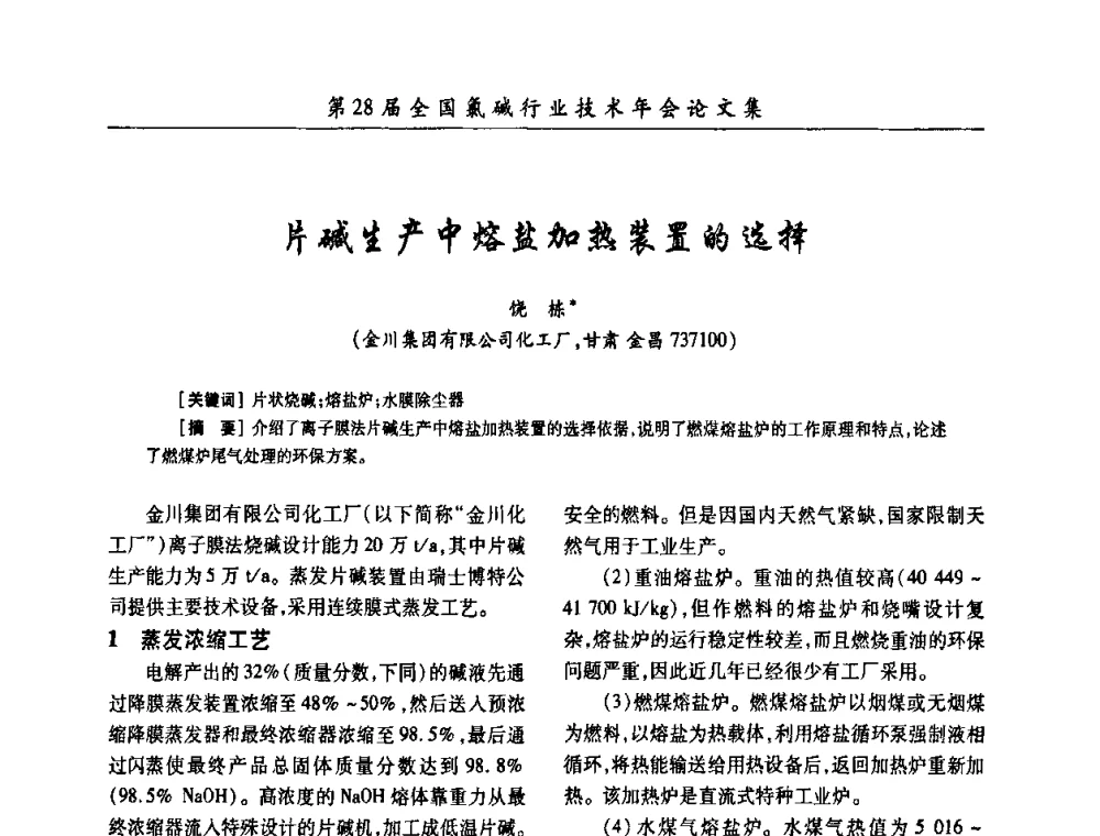 片碱生产中熔盐加热装置的选择 - 第28届全国氯碱行业技术年会暨第11届“佑利杯”论文交流会