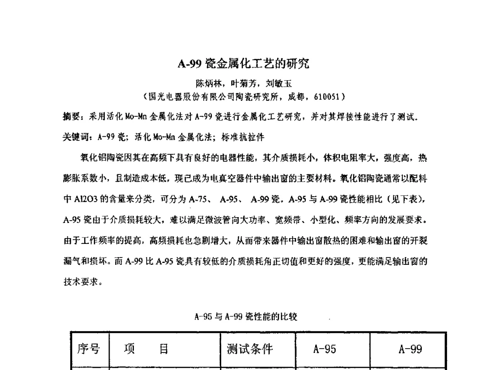 A-99瓷金属化工艺的研究 - 四川省电子学会真空电子学专业委员会2010年学术年会
