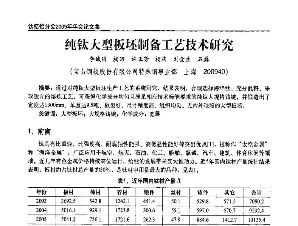 纯钛大型板坯制备工艺技术研究 - 中国有色金属工业协会钛锆铪分会2009年年会