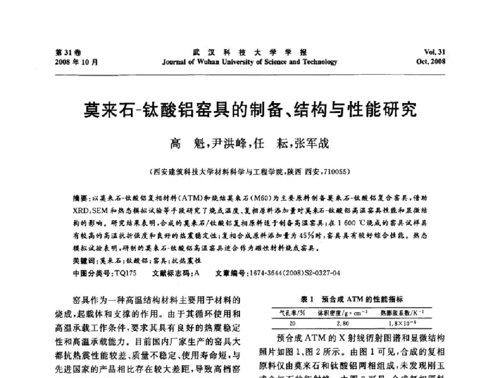莫来石-钛酸铝窑具的制备、结构与性能研究 - 第十一届全国耐火材料青年学术报告会