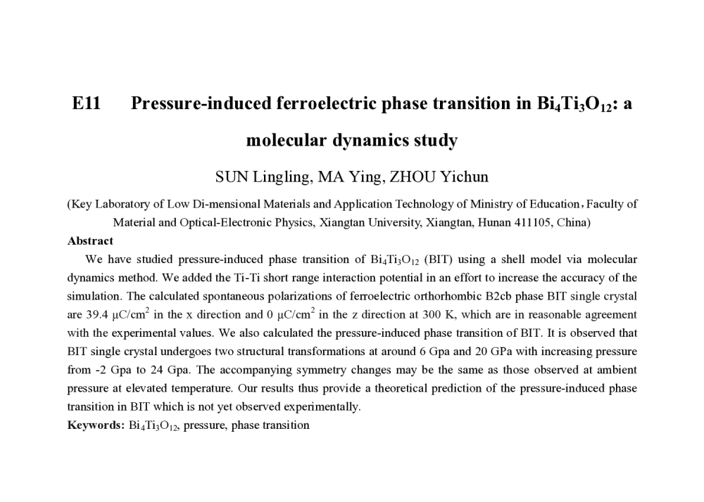 Pressure-induced ferroelectric phase transition in Bi4Ti3O12_ a molecular dynamics study - 2010中国材料研讨会