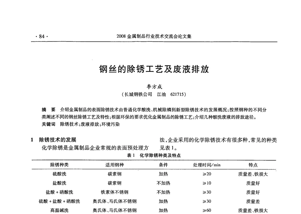 钢丝的除锈工艺及废液排放 - 2008金属制品行业技术交流会