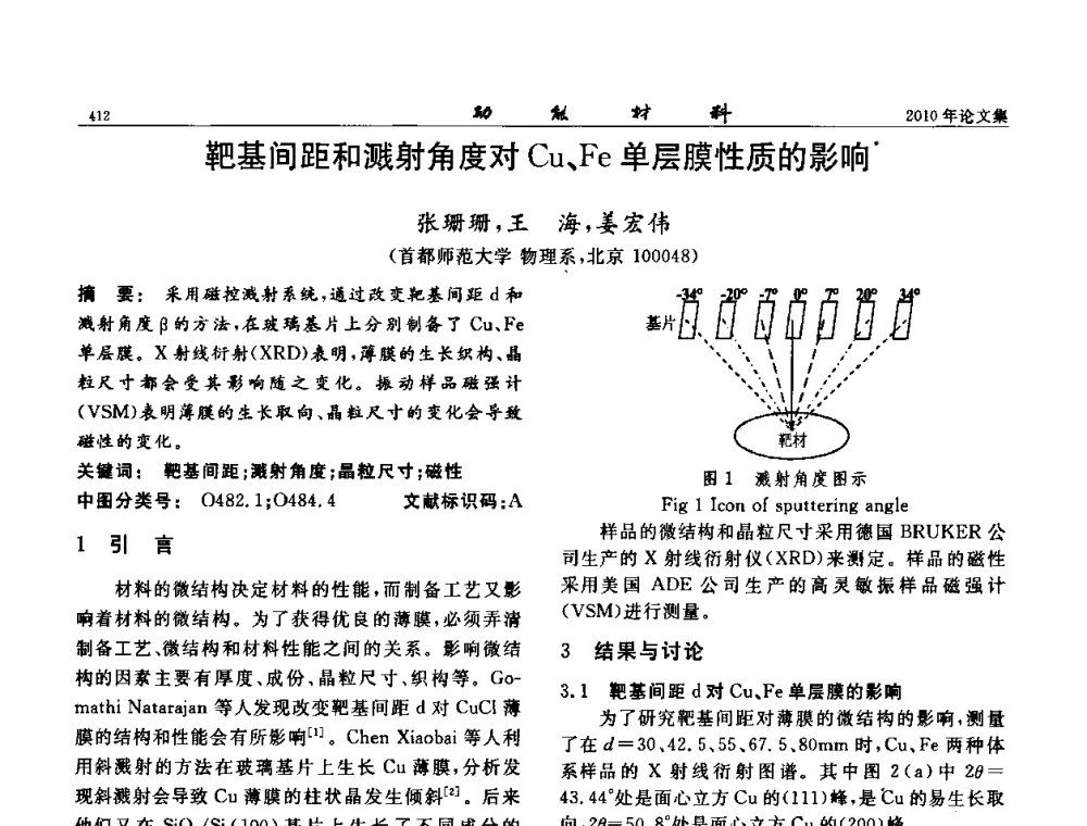 靶基间距和溅射角度对Cu、Fe单层膜性质的影响 - 第七届中国功能材料及其应用学术会议