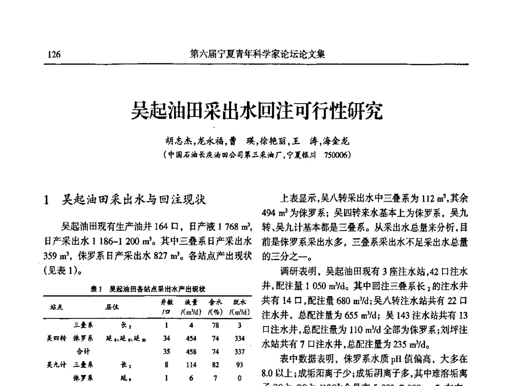 吴起油田采出水回注可行性研究 - 第六届宁夏青年科学家论坛