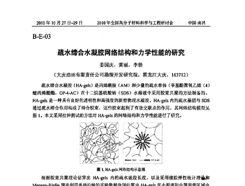 疏水缔合水凝胶网络结构和力学性能的研究 - 2010年全国高分子材料科学与工程研讨会