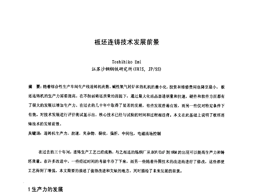 板坯连铸技术发展前景 - 第四届发展中国家连铸国际会议