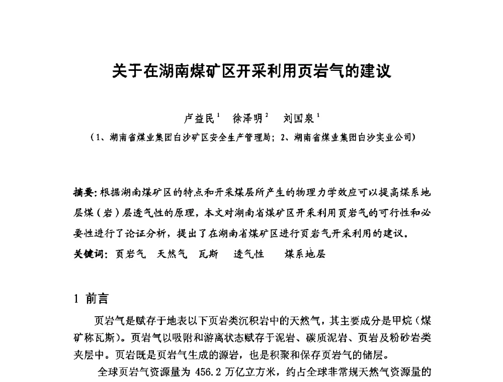 关于在湖南煤矿区开采利用页岩气的建议 - 2010第十届国际煤层气研讨会