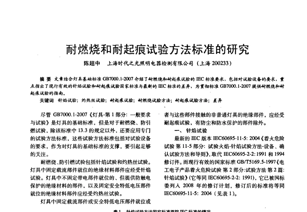 耐燃烧和耐起痕试验方法标准的研究 - 四直辖市照明科技论坛、长三角照明科技论坛暨上海市照明学会2008年年会