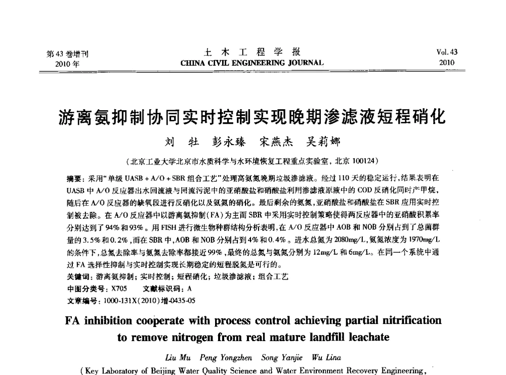 游离氨抑制协同实时控制实现晚期渗滤液短程硝化 - 2010中国(北京)国际建筑科技大会