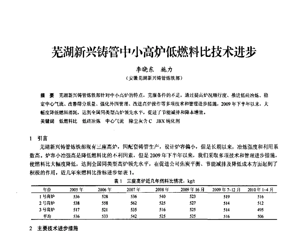 芜湖新兴铸管中小高炉低燃料比技术进步 - 2010中小高炉炼铁学术年会