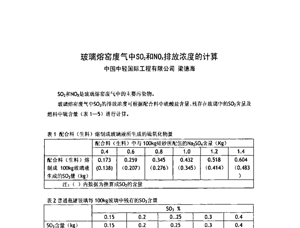 玻璃熔窑废气中SO2和NOz排放浓度的计算 - 2009年全国玻璃窑炉技术研讨会