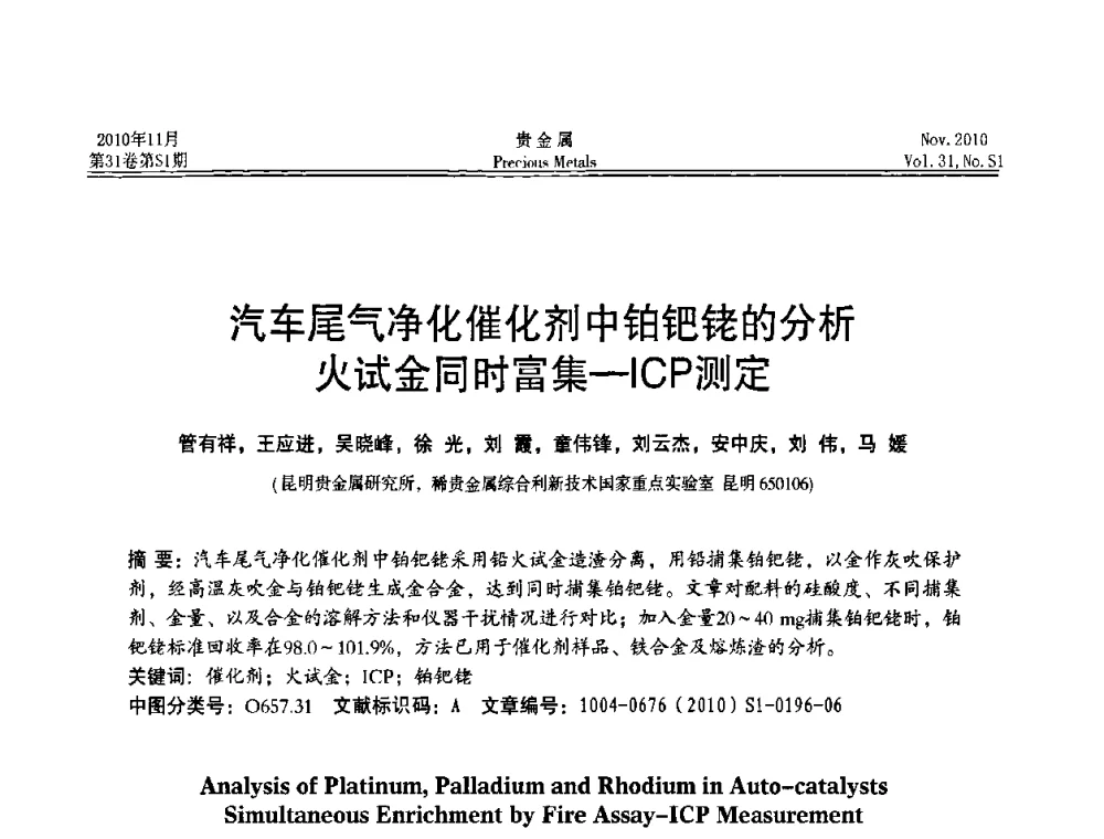 汽车尾气净化催化剂中铂钯铑的分析火试金同时富集-ICP测定 - “贵金属的发展、超越”2010年全国贵金属学术研讨会