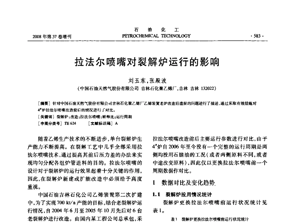 拉法尔喷嘴对裂解炉运行的影响 - 中国化工学会2008年石油化工学术年会暨北京化工研究院建院50周年学术报告会