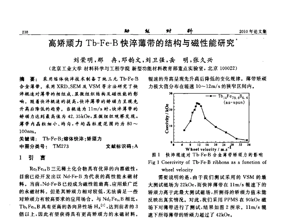 高矫顽力Tb—Fe—B快淬薄带的结构与磁性能研究 - 第七届中国功能材料及其应用学术会议