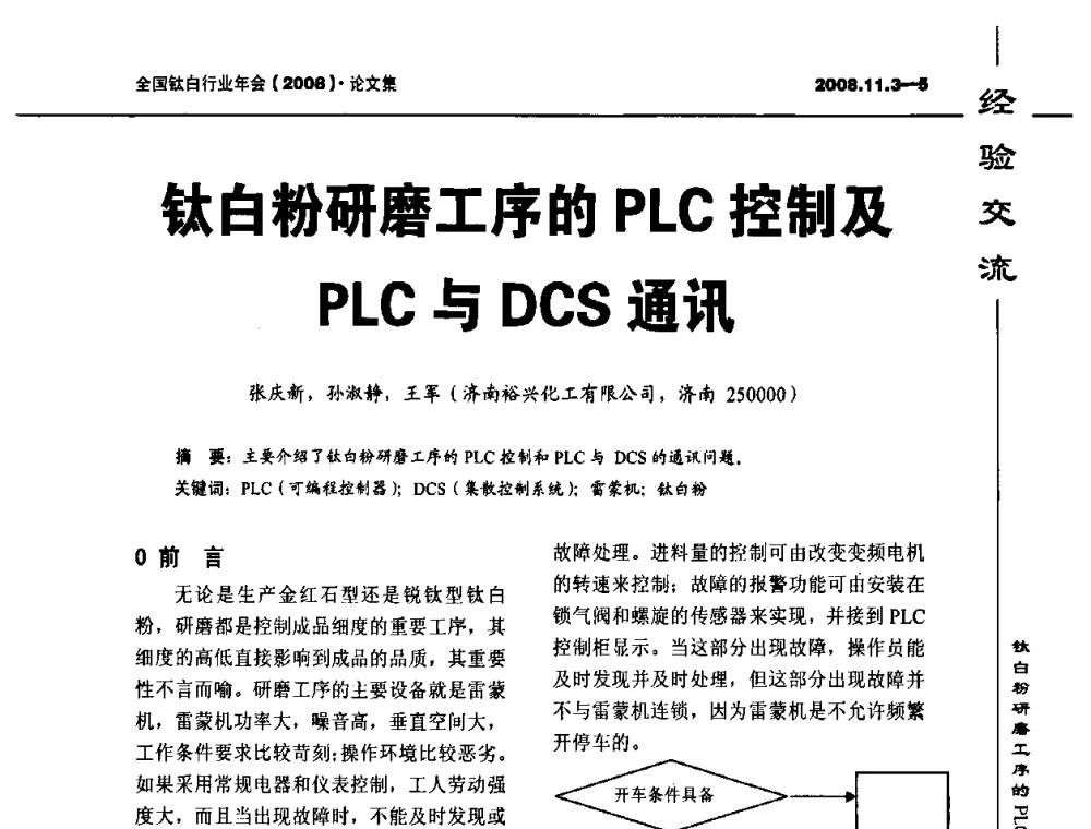 钛白粉研磨工序的PLC控制及PLC与DCS通讯 - 2008年全国钛白行业年会