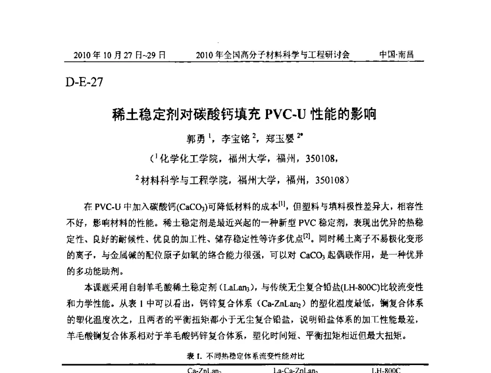 稀土稳定剂对碳酸钙填充PVC—U性能的影响 - 2010年全国高分子材料科学与工程研讨会