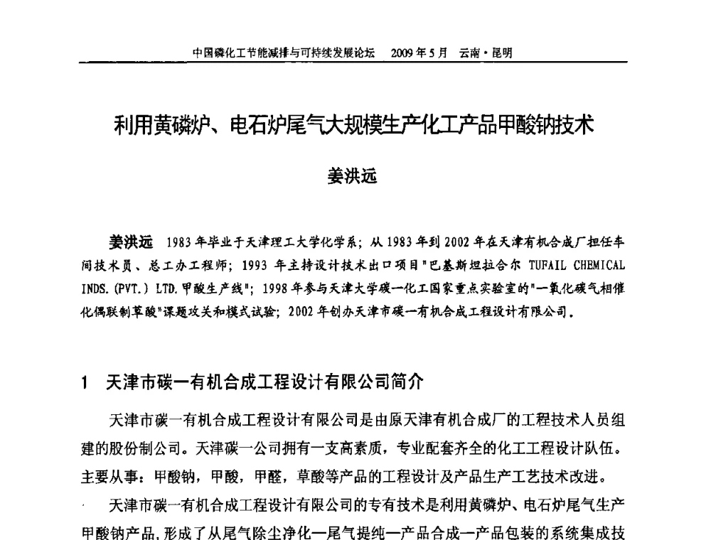 利用黄磷炉、电石炉尾气大规模生产化工产品甲酸钠技术 - 中国磷化工节能减排与可持续发展论坛