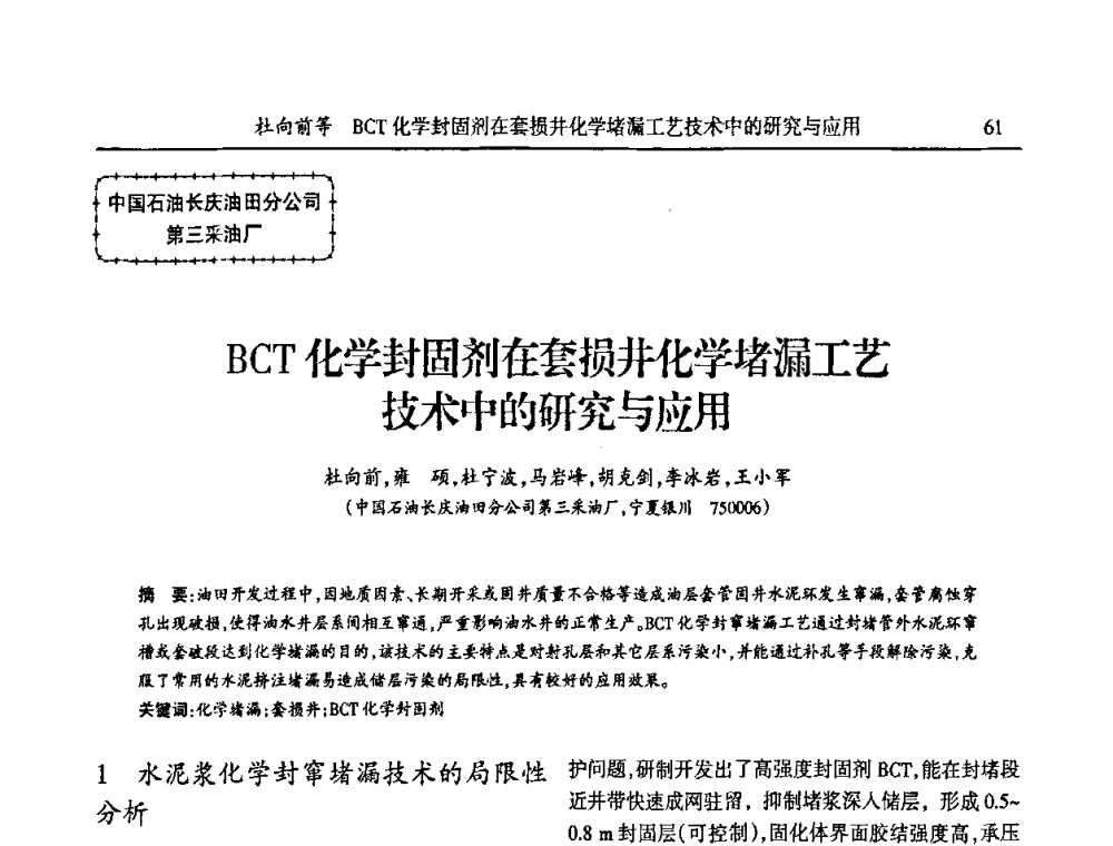BCT化学封固剂在套损井化学堵漏工艺技术中的研究与应用 - 第六届宁夏青年科学家论坛