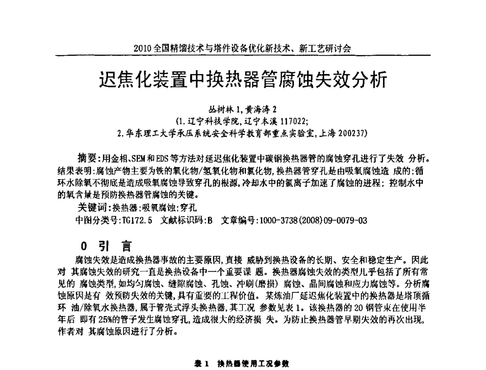 迟焦化装置中换热器管腐蚀失效分析 - 2010全国精馏技术与塔件设备优化新技术、新工艺研讨会