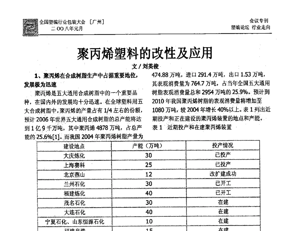 聚丙烯塑料的改性及应用 - 中国包装联合会塑料包装委员会塑料编织行业协作中心第二届第二次年会