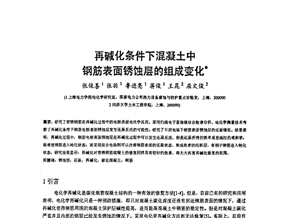 再碱化条件下混凝土中钢筋表面锈蚀层的组成变化 - 2009’水环境腐蚀与防护学术研讨会