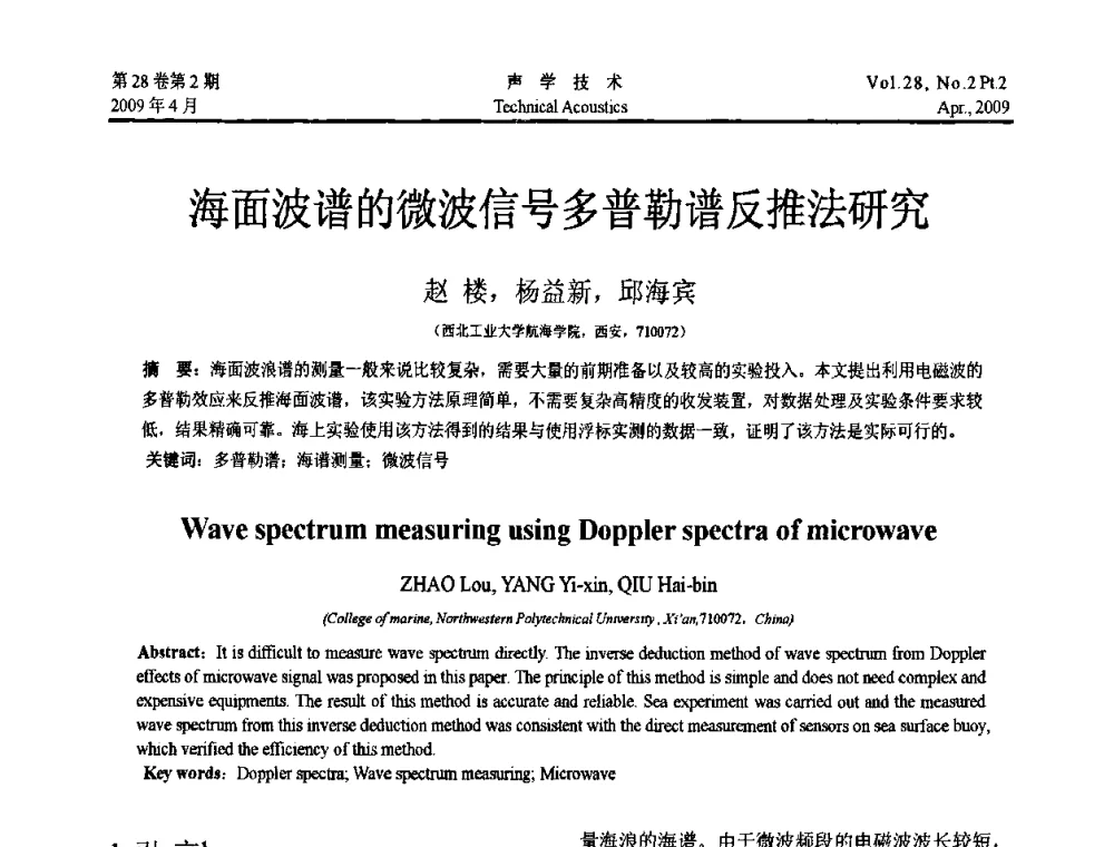 海面波谱的微波信号多普勒谱反推法研究 - 2009年全国水声学学术交流会