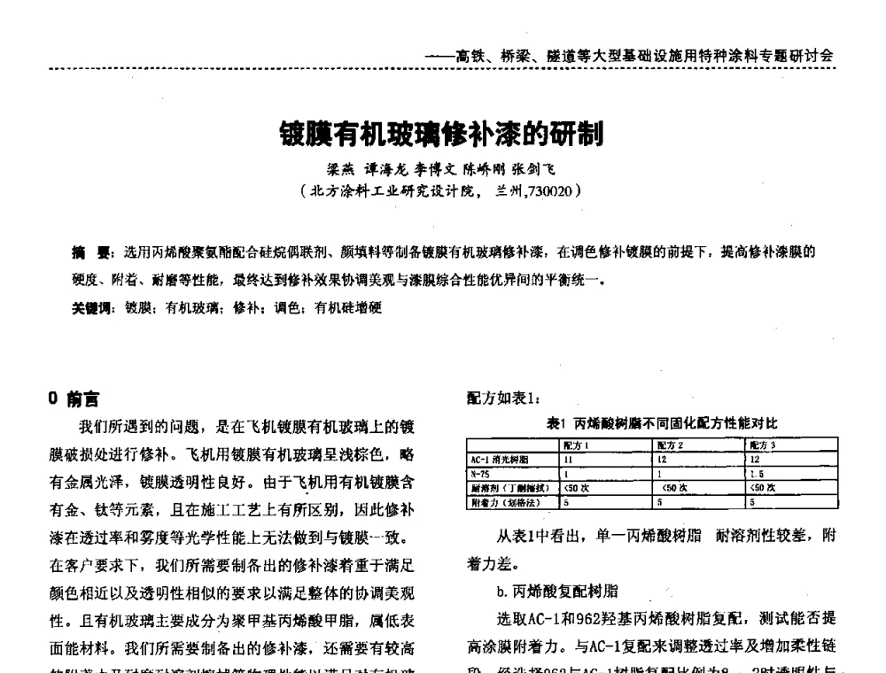 镀膜有机玻璃修补漆的研制 - 第三届特种涂料与涂装研讨会暨第十二届全国涂料涂装技术信息交流会