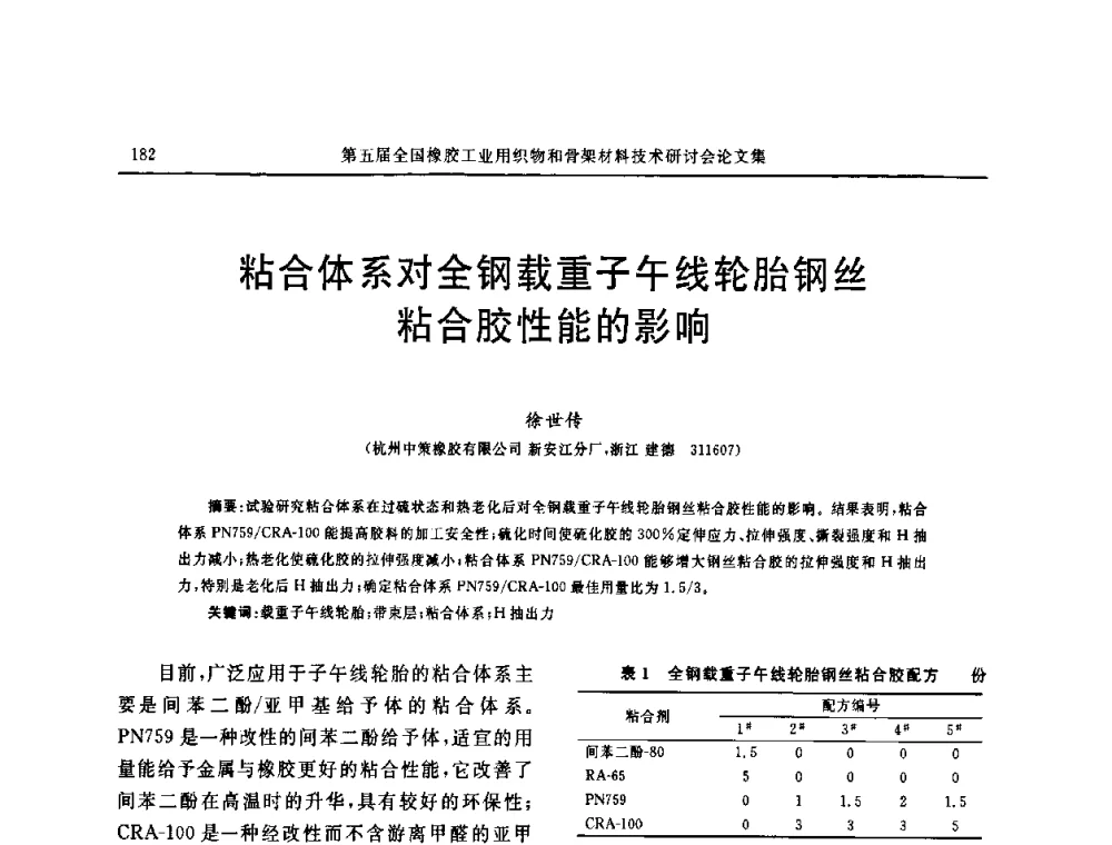粘合体系对全钢载重子午线轮胎钢丝粘合胶性能的影响 - 第五届全国橡胶工业用织物和骨架材料技术研讨会