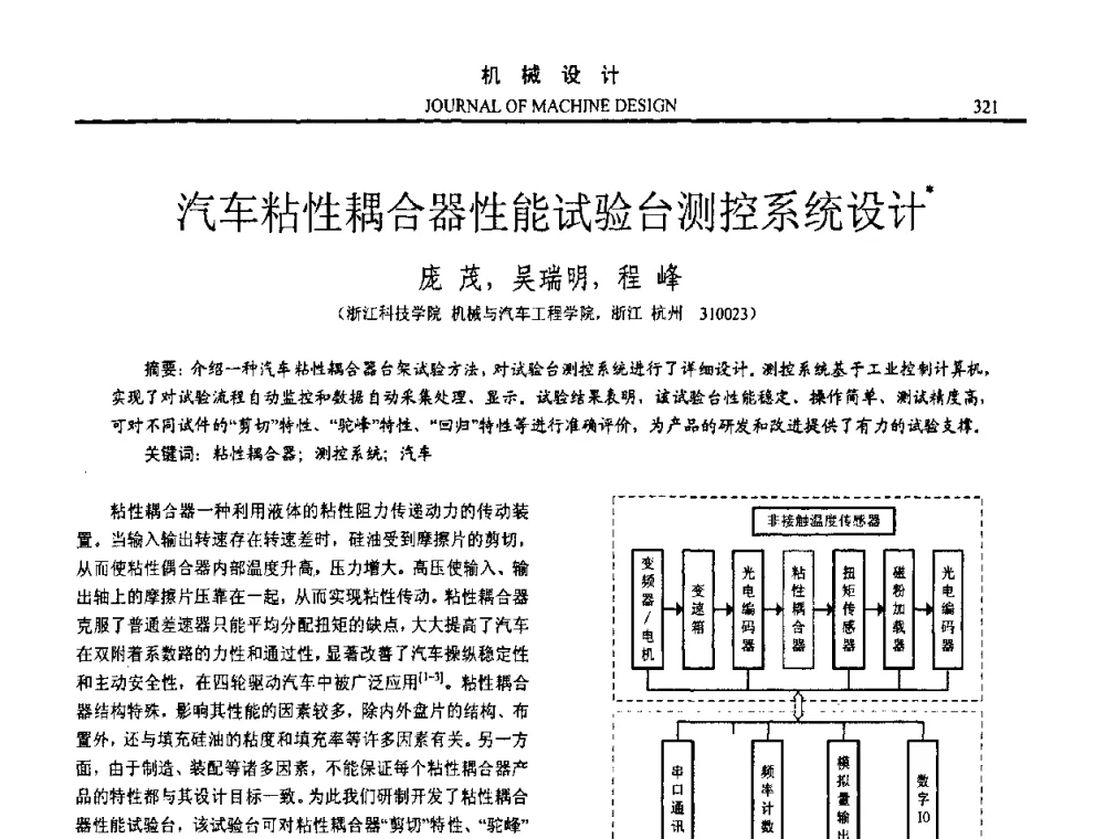 汽车粘性耦合器性能试验台测控系统设计 - 第十五届全国机械设计年会
