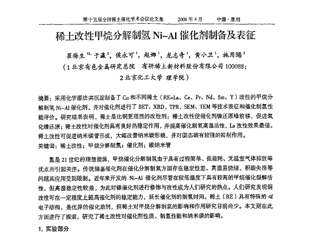 稀土改性甲烷分解制氢Ni-Al催化剂制备及表征 - 第十五届全国稀土催化学术会议