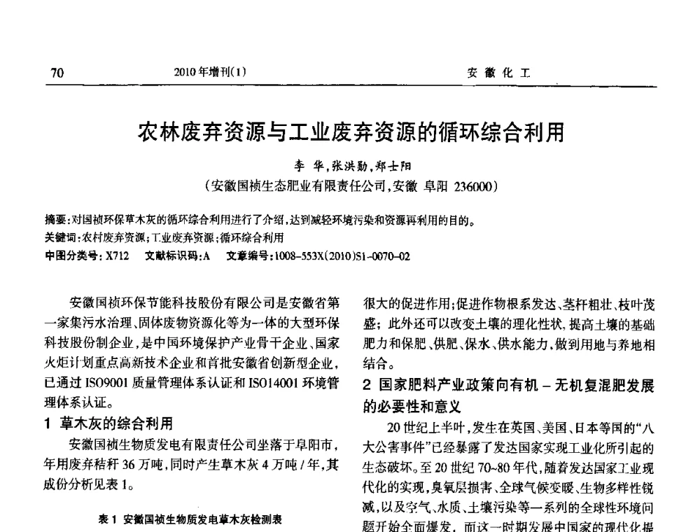 农林废弃资源与工业废弃资源的循环综合利用 - 安徽省化工学会2010年化工行业节能减排、清洁生产及低碳经济学术交流会