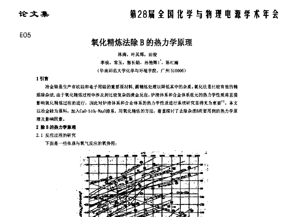 氧化精炼法除B的热力学原理 - 第28届全国化学与物理电源学术年会