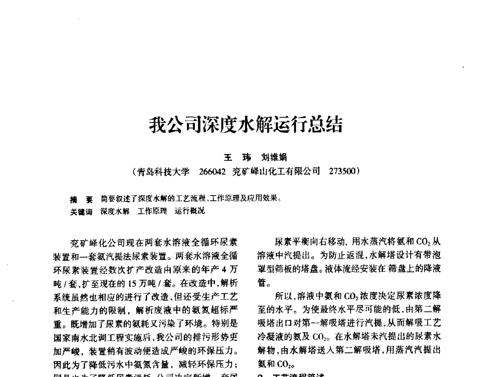 我公司深度水解运行总结 - 全国化工合成氨设计技术中心站2010年技术交流会
