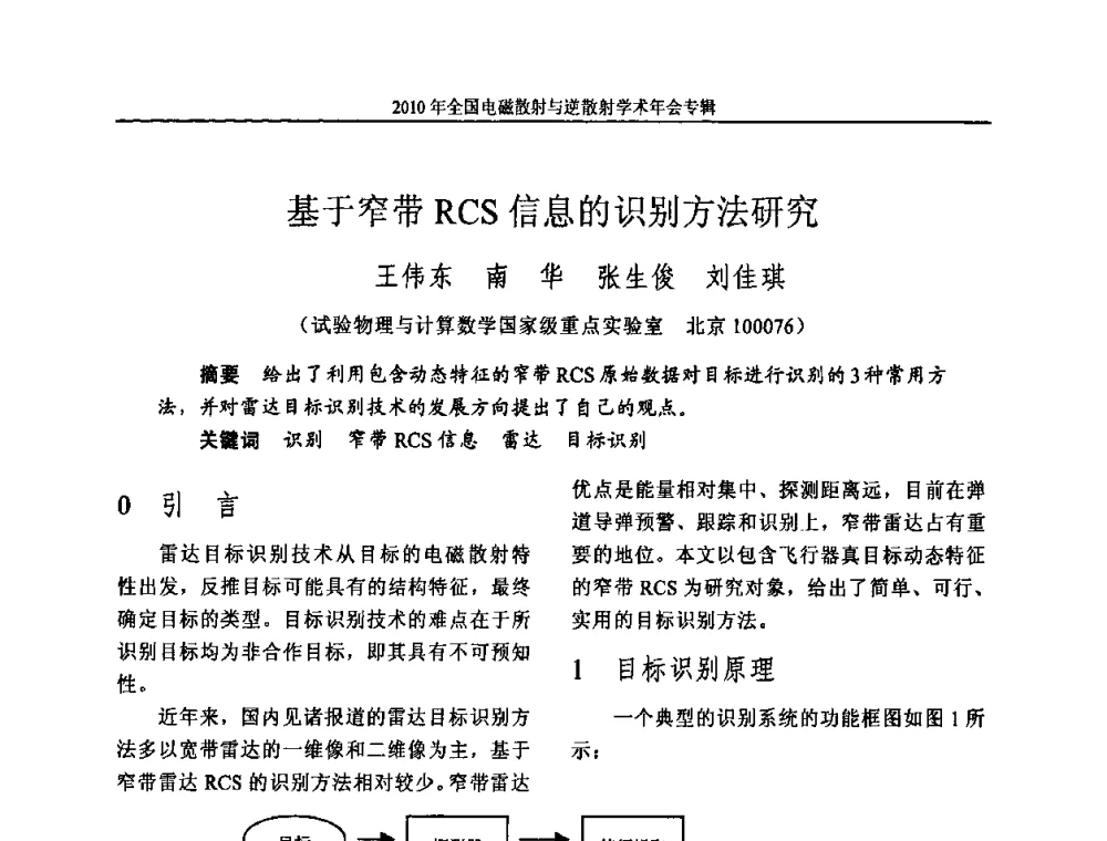 基于窄带RCS信息的识别方法研究 - 2010年全国电磁散射与逆散射学术年会