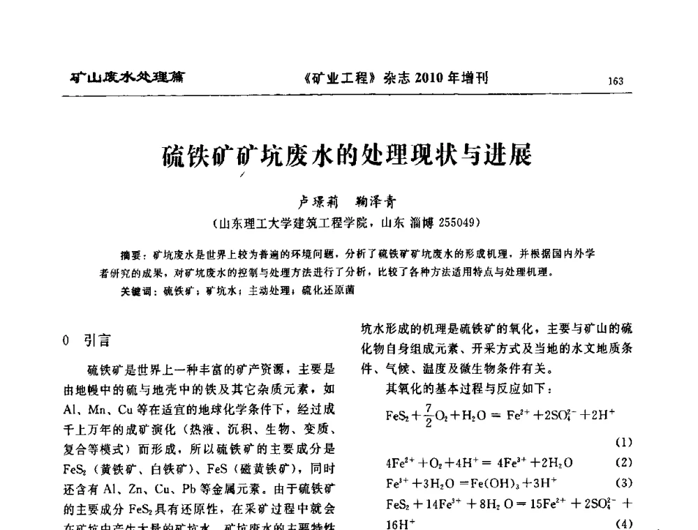 硫铁矿矿坑废水的处理现状与进展 - 2010矿山企业节能减排与循环经济高峰论坛
