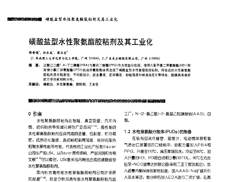 磺酸盐型水性聚氨酯胶粘剂及其工业化 - 2010水性聚氨酯行业年会