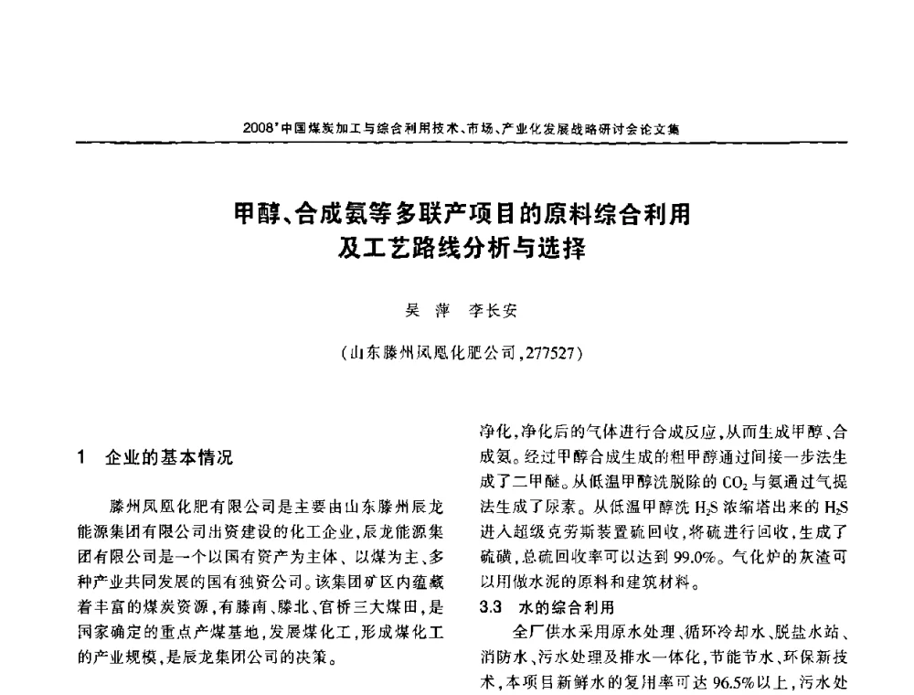 甲醇、合成氨等多联产项目的原料综合利用及工艺路线分析与选择 - 2008中国煤炭加工与综合利用技术信息交流会暨发展战略研讨会