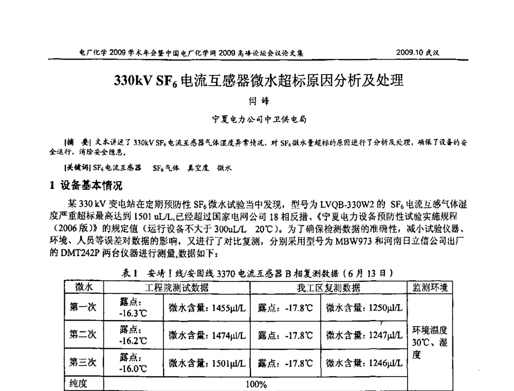 330KV SF6电流互感器微水超标原因分析及处理 - 电厂化学2009学术年会暨中国电厂化学网高峰论坛