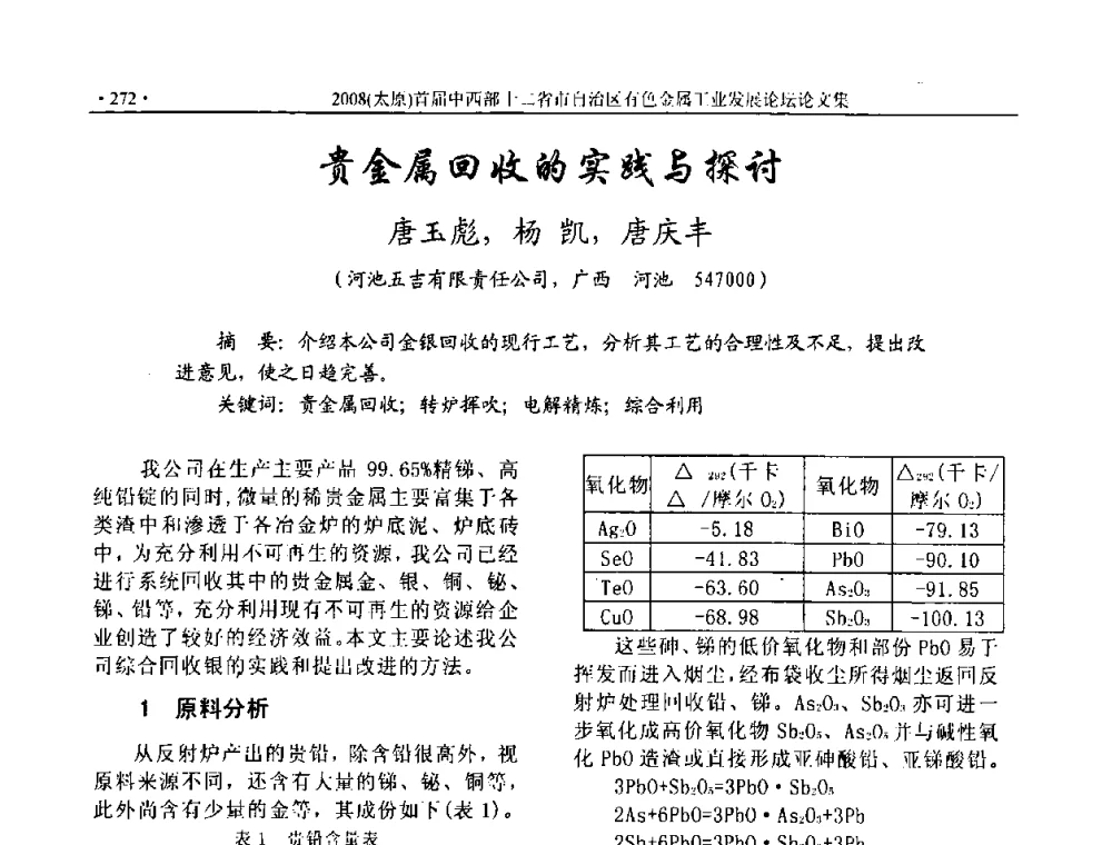 贵金属回收的实践与探讨 - 2008首届中西部十二省市自治区有色金属工业发展论坛